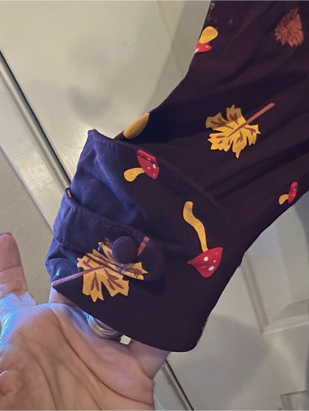 Unique Vintage Dress Brown pinecones, Mustard Leaf Print - Picture 2 of 5